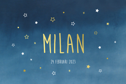 Geboortekaartje jongen donkerblauw met sterrenhemel goudfolie