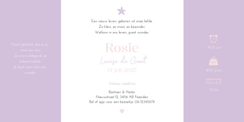 Geboortekaartje luikvouw bloemen roze paars goudfolie