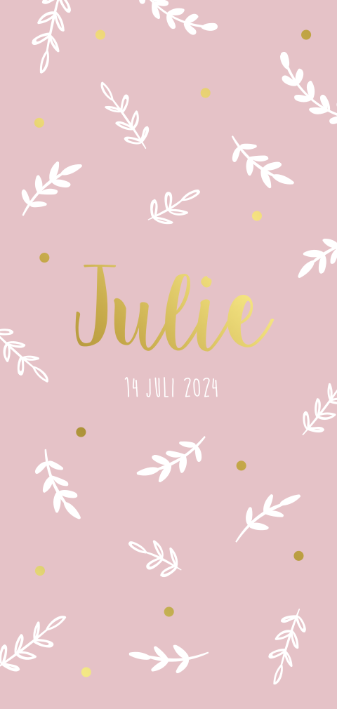 Geboortekaartje botanisch roze takjes goudfolie stipjes meisje