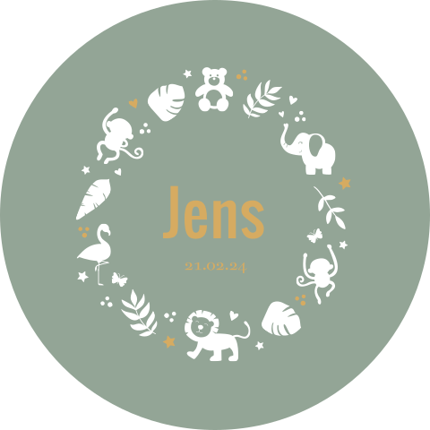 Tuinbord cirkel geboortekaartje Jens groen dieren