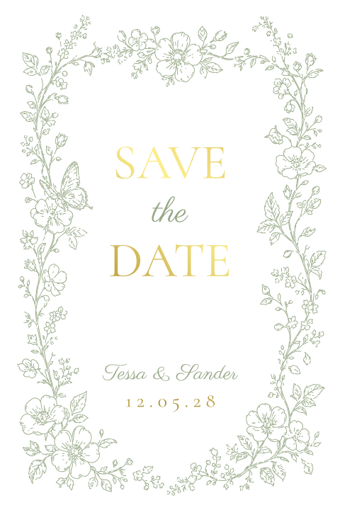 Save the date kaart bloemen rand goud