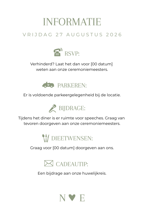 Details extra informatie kaartje trouwkaart icoontjes