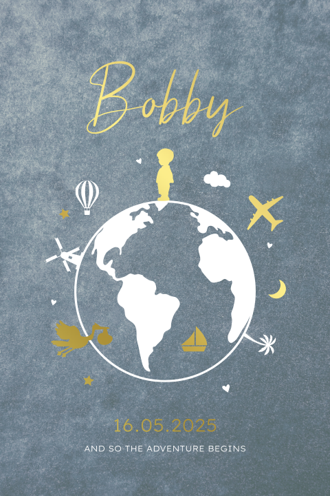 Geboortekaartje jongen - velvet blauw met wereldbol & goudfolie