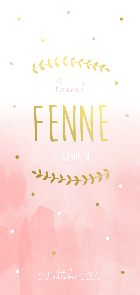 Geboortekaartje meisje watercolor roze met takjes goudfolie