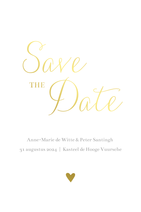 Save the Date chique met sierlijke letters in goudfolie