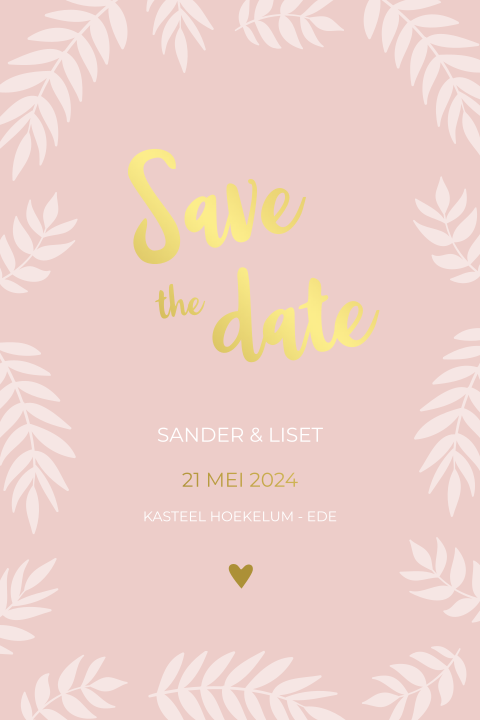 Save the date kaart botanisch met takjes en goudfolie
