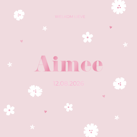 Geboortekaartje meisje roze hoogglans modern bloemen lief