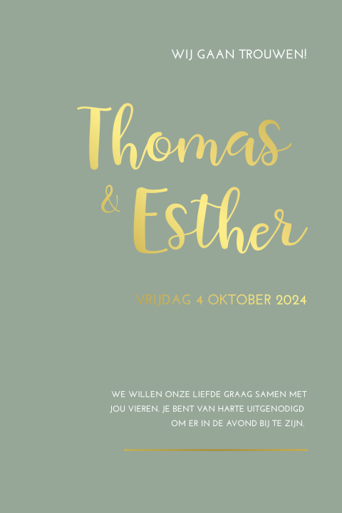 Trouwkaart olijfgroen met sierlijke goudfolie letters
