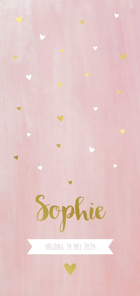 Geboortekaartje meisje watercolor roze met hartjes en goudfolie