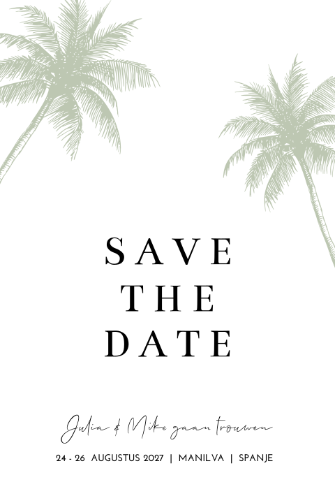 Save the date buitenland bruiloft palmbomen