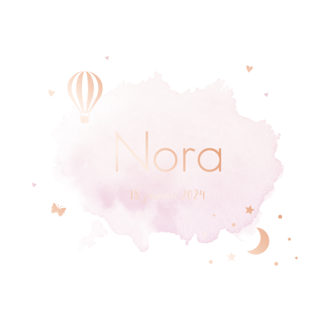 Watercolor geboortekaartje meisje koperfolie ballon hartjes maan