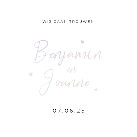 Trouwkaart modern met hartjes en holografische folie