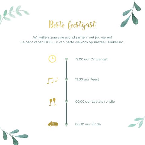 Trouwkaart pocketfold inlegkaart botanisch feestgast goudfolie