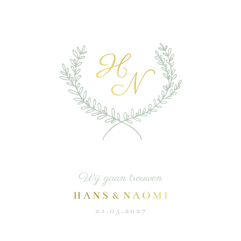 trouwkaart klassiek krans mint goudfolie
