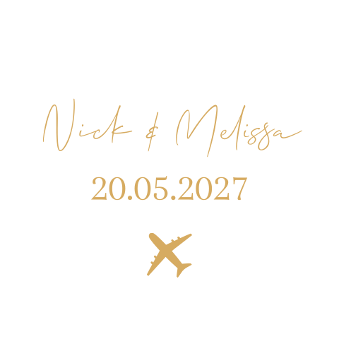 Sluitsticker trouwkaart Nick & Melissa wit trouwdatum vliegtuig goud