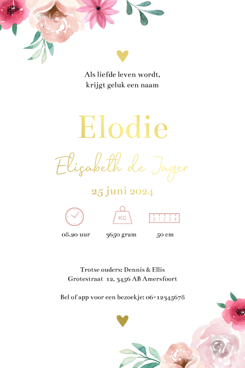 Geboortekaartje romantisch op kalkpapier met bloemen en goudfolie