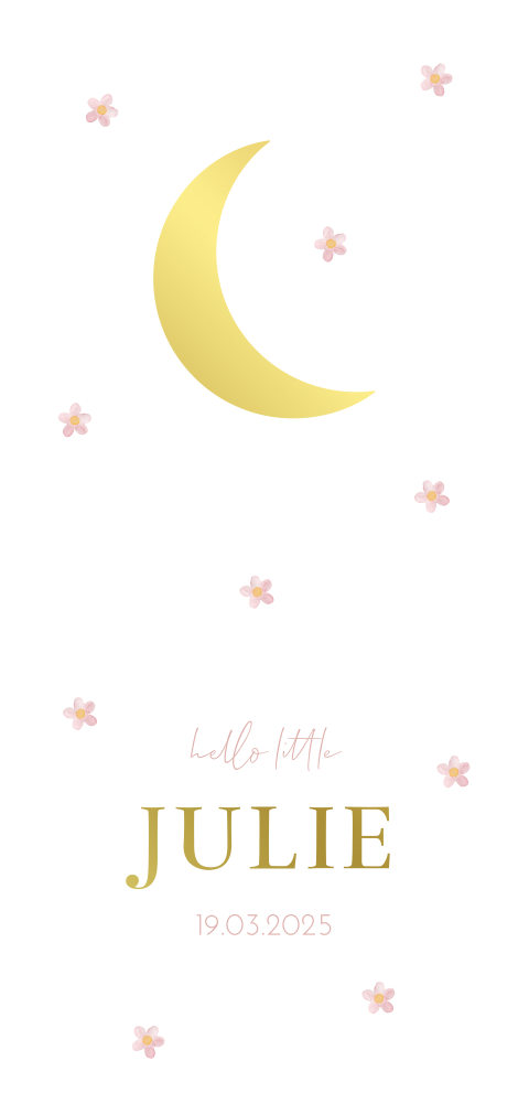 Geboortekaartje meisje met goudfolie maan en roze bloemetjes