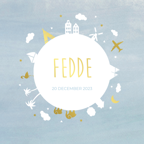 Geboortekaartje jongen met wereldbol en goudfolie