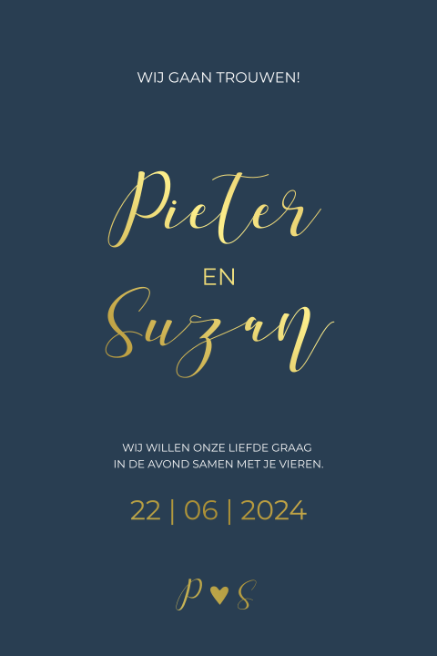 Trouwkaart donkerblauw met goudfolie en ronde hoeken