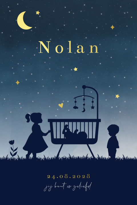 Geboortekaartje jongen wieg silhouet sterrenhemel