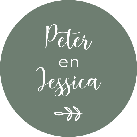 Sluitsticker trouwkaart Peter & Jessica groen wit namen takje