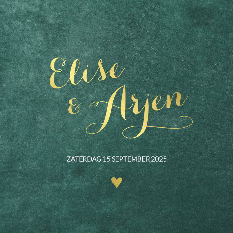 Trouwkaart velvet look donkergroen met goudfolie