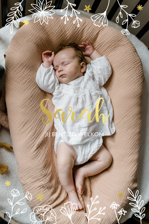 Geboortekaartje meisje foto bloemen romantisch goudfolie