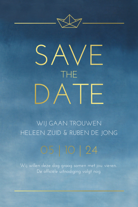 Save the date kaart donkerblauw watercolor met goudfolie