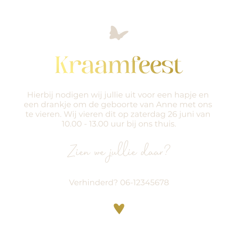 Kraamfeest uitnodiging Anne neutraal wit vlinder