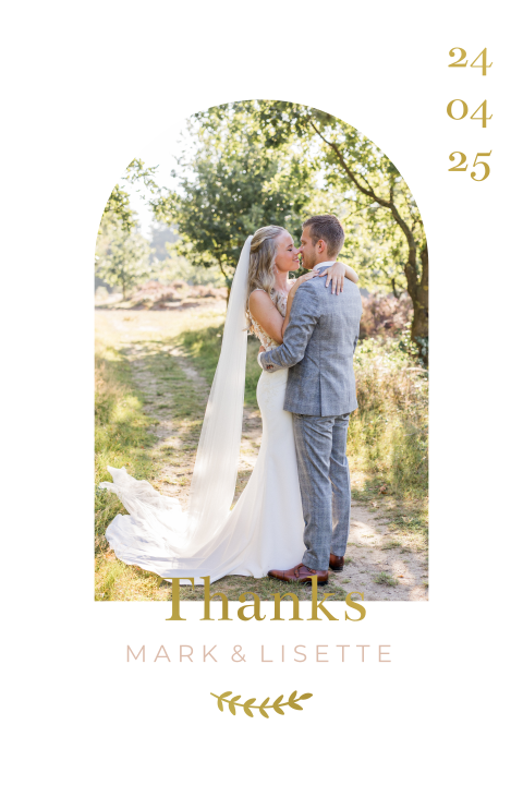 Bedankkaart bruiloft klassiek goudfolie boog foto