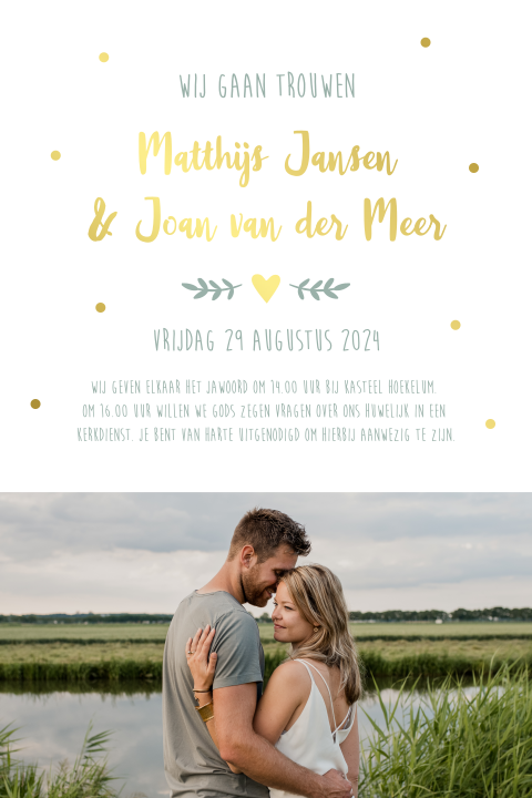 Pocketfold trouwkaart inlegkaart goudfolie foto loveshoot stipjes
