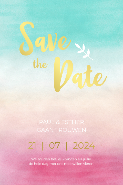Save the Date kaart watercolor aqua blauw roze met goudfolie