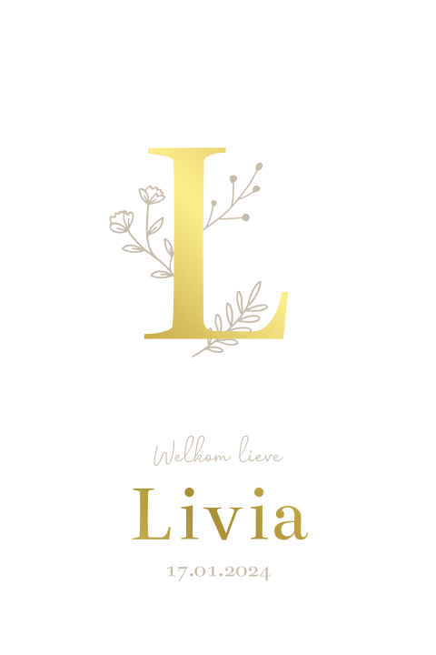 Geboortekaartje neutraal bloemen vorm stans boog met goudfolie