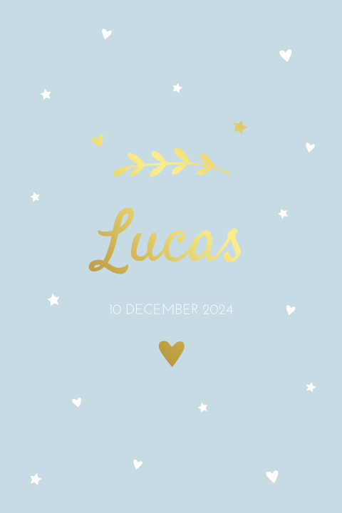 Geboortekaartje jongen lichtblauw goudfolie hartjes sterren