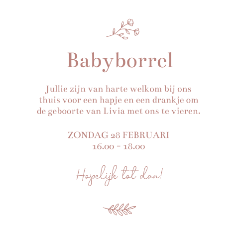 Kraamfeest uitnodiging babyborrel Livia wit roze takjes