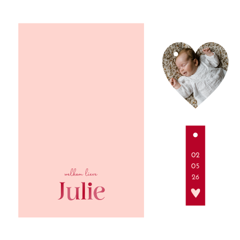 Geboortekaartje meisje labelkaart hartje foto roze