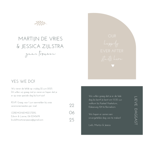 Trouwkaart labelkaart pakket boogvorm - beige & donkergroen