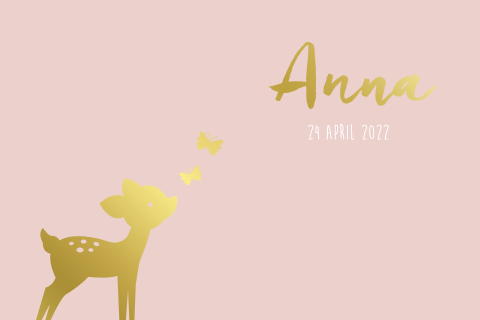 Lichtroze geboortekaartje meisje hertje vlinders goudfolie