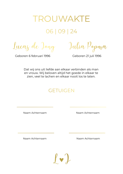 Trouwakte bruiloft Golden Lettering 