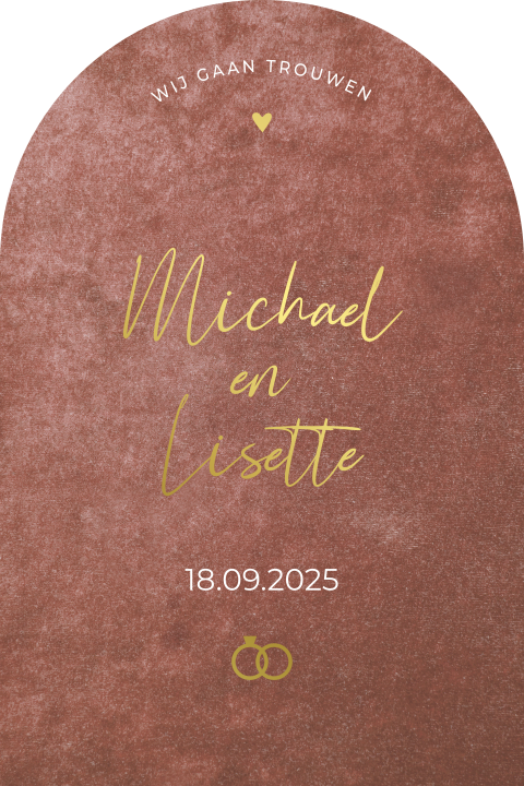 Trouwkaart boog vorm velvet look terra met goudfolie