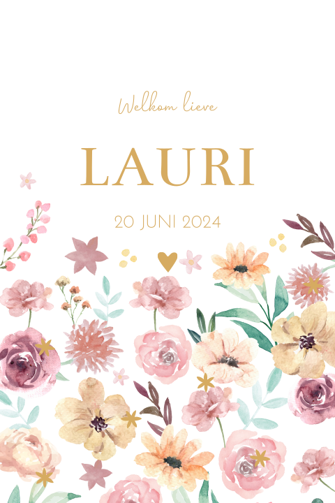 Tuinbord geboortekaartje Lauri wit bloemen