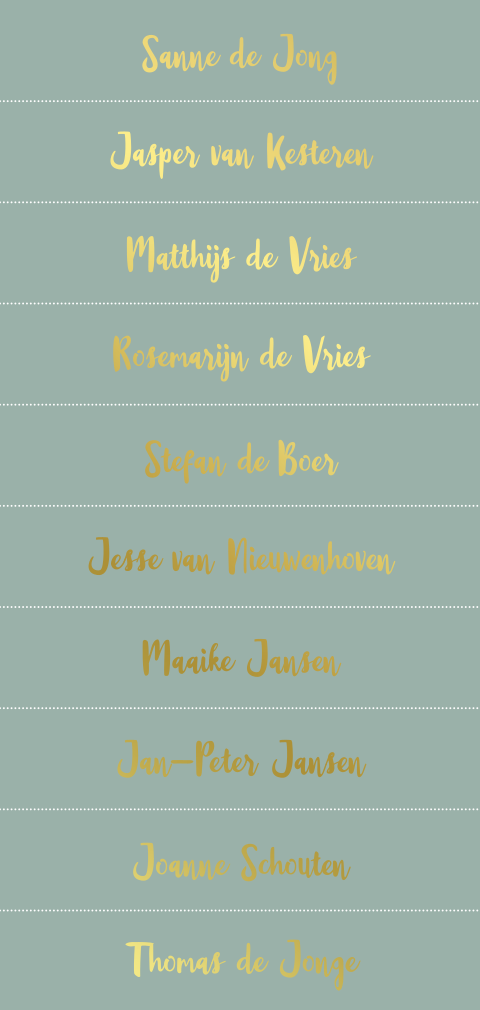 Naamkaartjes groen goudfolie menu labels namen