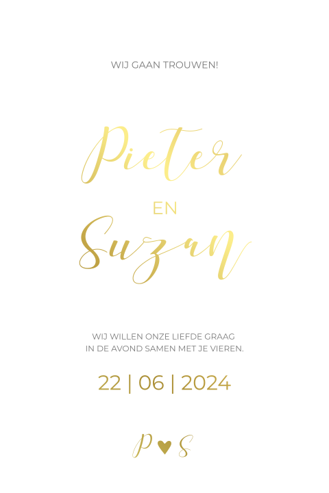 Trouwkaart boog vorm wit chique met goudfolie