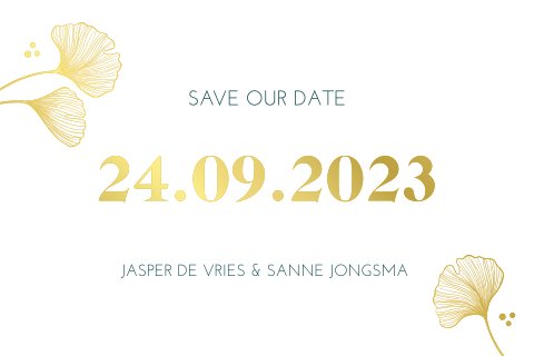 Save the date kaart met ginkgo bladeren en goudfolie