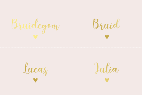 Naamkaartjes oudroze goudfolie sierlijk trouwhuisstijl