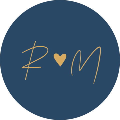 Sluitsticker trouwkaart Robin & Martine blauw initialen goud