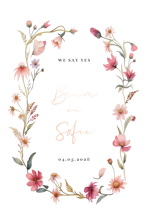 trouwkaart romantisch krans wildflowers rosefolie