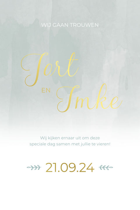Pocketfold inlegkaart trouwkaart watercolor mintgroen goudfolie
