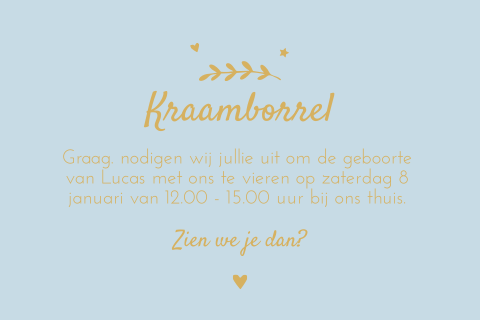 Kraamfeest uitnodiging kraamborrel Lucas blauw takje