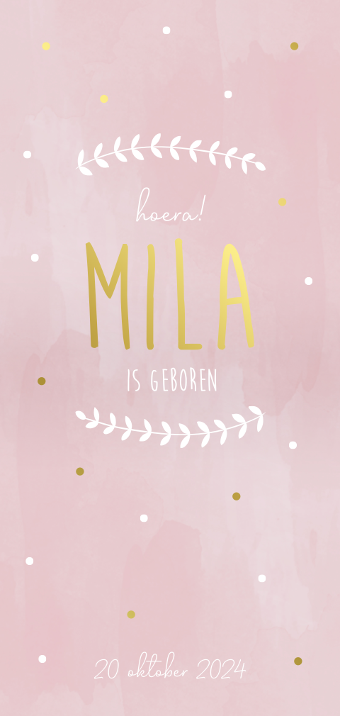 Geboortekaartje meisje watercolor roze met goudfolie en stipjes